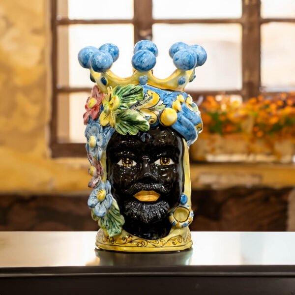 Testa di Moro ornato blu con fiori corona a punte  h 30 uomo