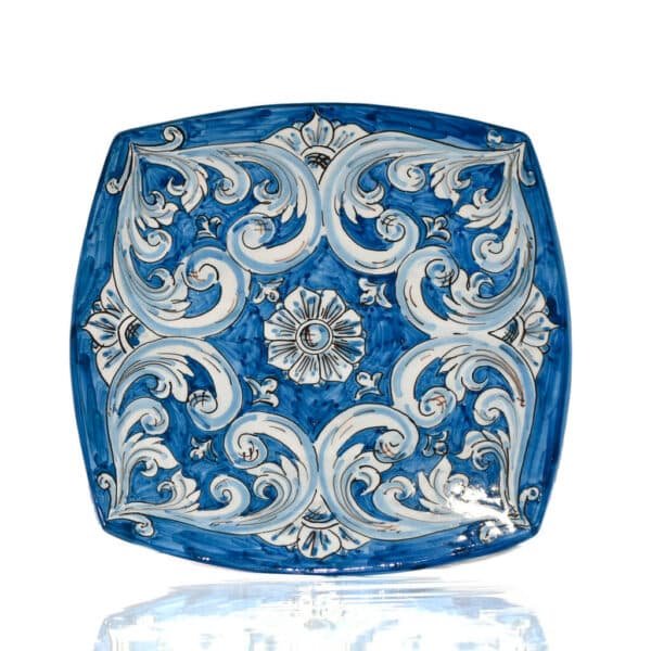 Piatto ornato foglia azzurra in ceramica di caltagirone
