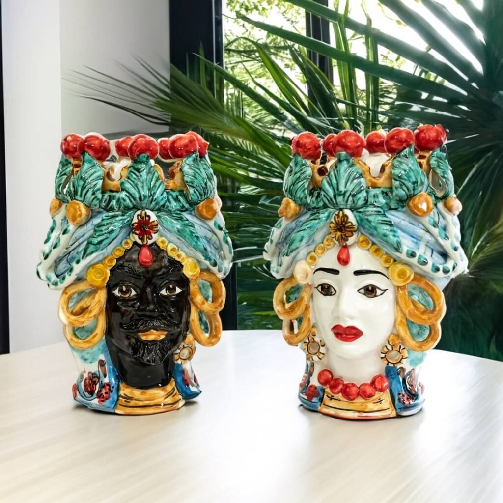 Coppia teste colorate altezza 20 cm in ceramica di caltagirone sicilia