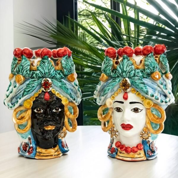Coppia teste colorate altezza 20 cm in ceramica di caltagirone sicilia