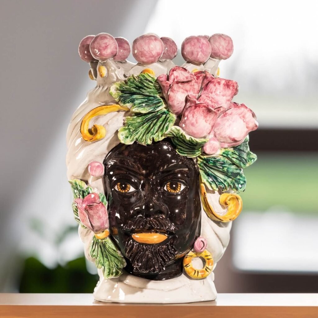 Testa di Moro h 30 cm Donna Tulipani Rosa in Ceramica
